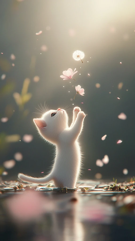 白猫吹花瓣蒲公英飘舞