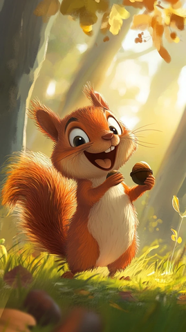 松鼠拿橡果森林早晨