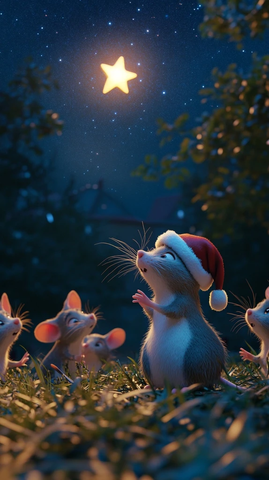 戴圣诞帽与群鼠夜空下