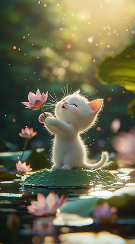 白猫莲花叶跳舞抱花