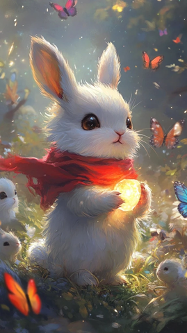 兔子戴红围巾握发光石头