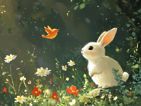 白兔森林漫游鸟语花香