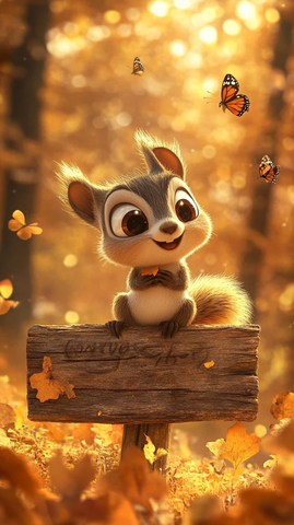 松鼠坐木牌秋叶蝴蝶