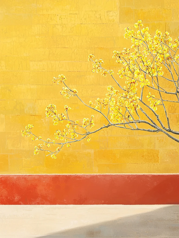 黄墙前绽放的腊梅树枝