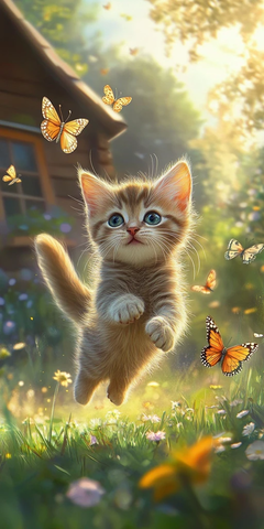 小猫追逐蝴蝶庭院中
