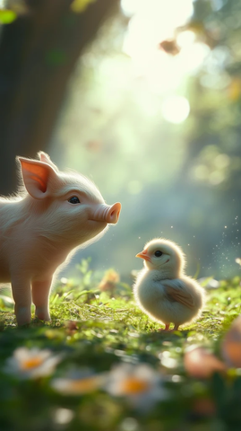 猪仔轻步靠近小鸡