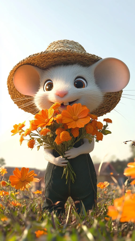 小白鼠戴草帽捧橘花