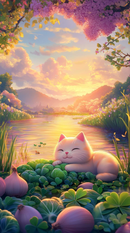 招财猫卧卷心菜四叶草河景