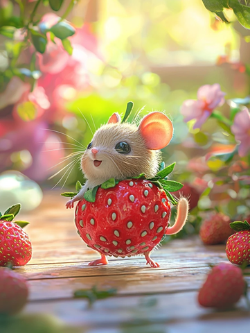 草莓老鼠在花丛中跳舞