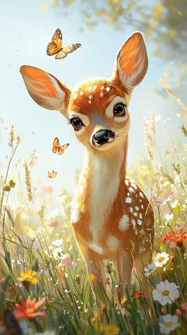 小鹿站立草地蝴蝶飞舞