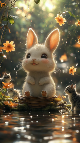 白兔坐椅花屋旁水珠滴落猫环绕