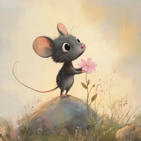 小灰鼠凝视粉色花朵