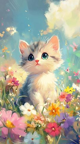 卡通小猫花朵坐姿