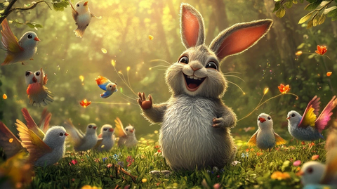 兔子与鸟群共享欢乐时光
