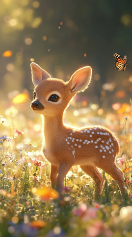 小鹿初步花海阳光中