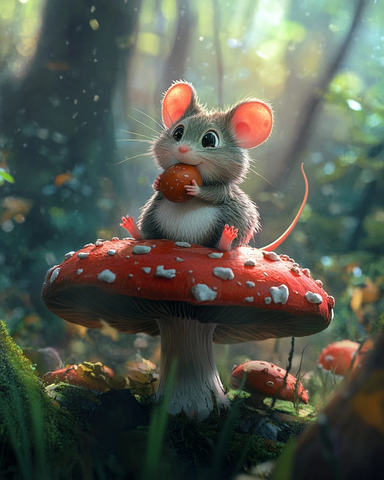 小鼠坐蘑菇森林背景
