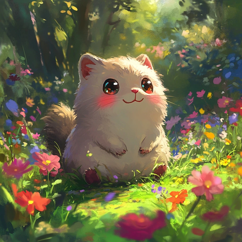 圆形角色坐在花丛中