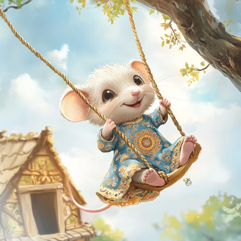 鼠族男孩树屋旁荡秋千