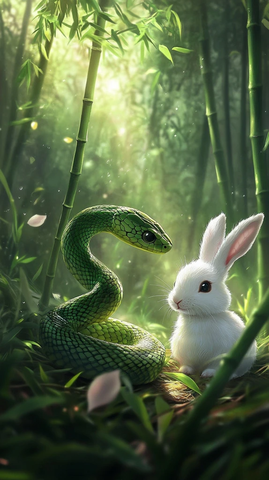 竹林蛇兔相伴