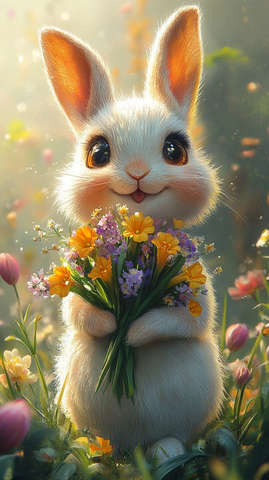 白兔捧花欢乐草地