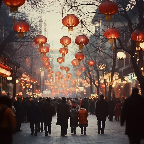 挂满红灯笼的热闹街道