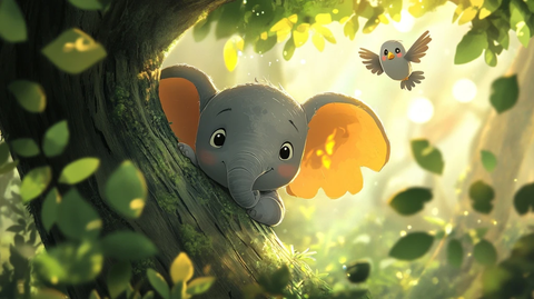 小象躲树后小鸟飞寻