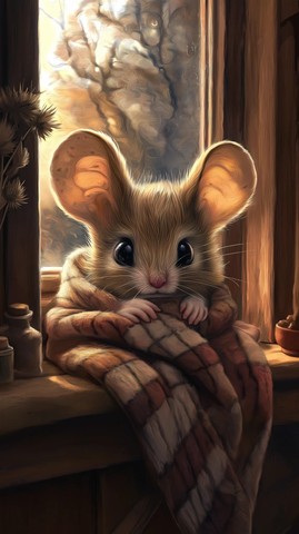 小鼠裹毯子窗边静卧