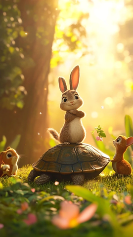 兔子站龟壳交叉手臂围观森林动物