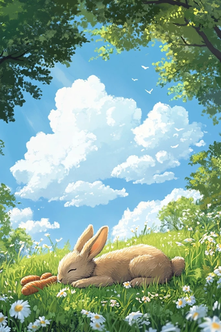 兔子草地望天空同伴忙碌中