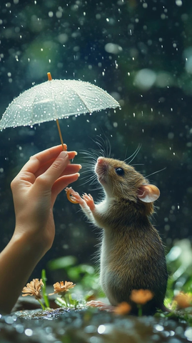 女人给老鼠小伞避雨