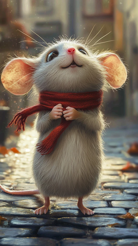 小老鼠戴红围巾站街石上