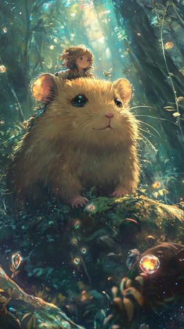 女孩骑狗与大仓鼠探索神秘森林