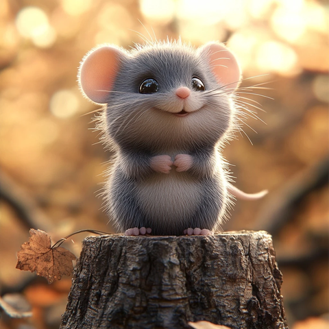 灰色小鼠坐树桩