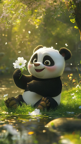熊猫宝宝手握花朵坐在草地