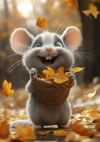 灰色老鼠欢快拍手捧黄叶篮