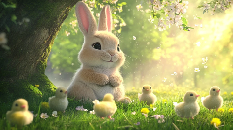 兔子树下讲故事小鸡环绕