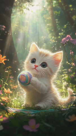 小猫玩毛线球森林花丛