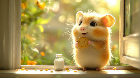 小仓鼠窗台拿饼干牛奶