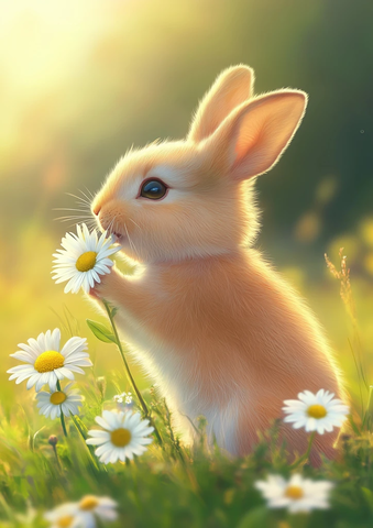 小兔闻花香手持小雏菊