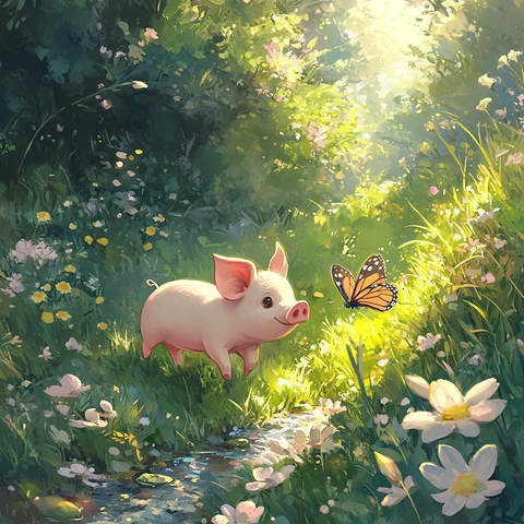 小猪追蝴蝶草地溪流