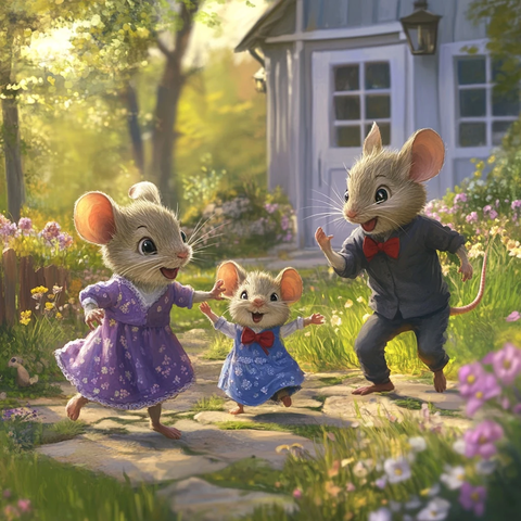 三只老鼠奔跑欢笑花园中