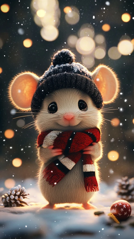 圣诞鼠戴红黑条纹围巾帽