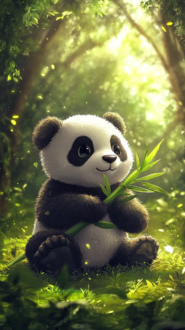 熊猫坐草地拿竹子