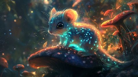 发光鼠坐在荧光蘑菇上