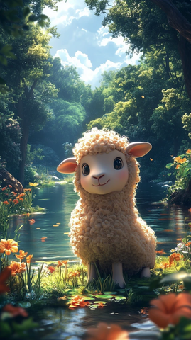 湖边森林小羊休闲场景
