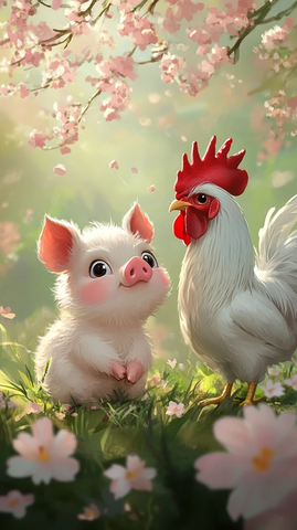 粉色猪仔与白色公鸡花园