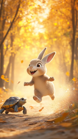 兔跃龟行秋日森林