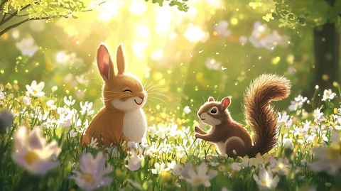兔子与松鼠的花丛欢聚