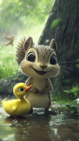 小松鼠避雨树下同伴湿透