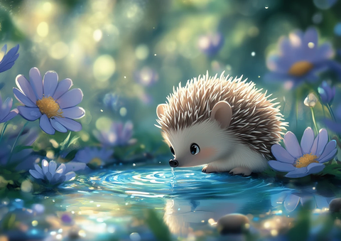 可爱刺猬花园饮水中